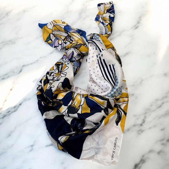 Vince Camuto Blue Gold Modern Abstract Silk Scarf 34 x 34 - Picture 2 of 10